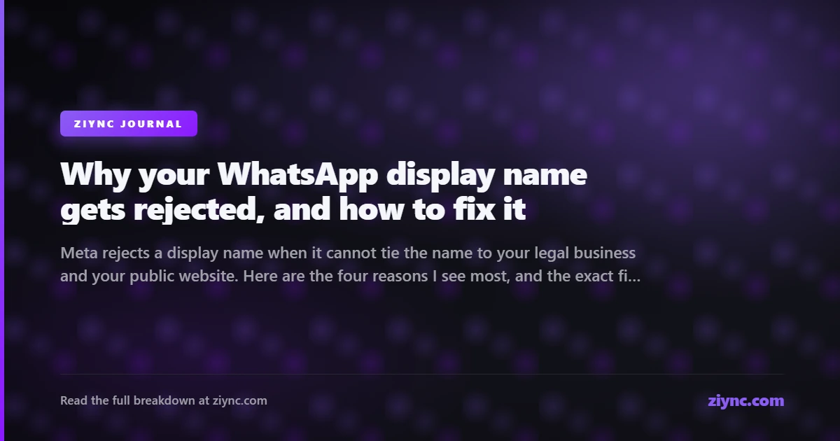 A WhatsApp business display name sitting in review inside Meta business settings