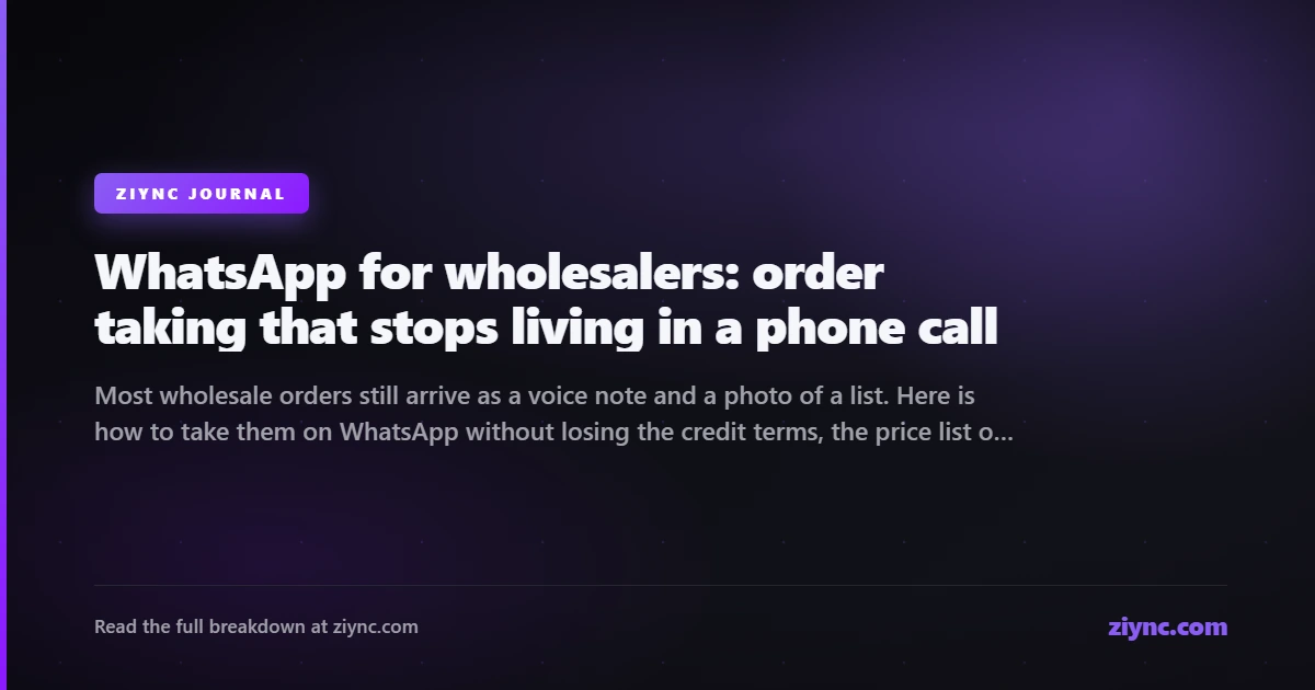A wholesale order arriving on WhatsApp being taken from a shared inbox